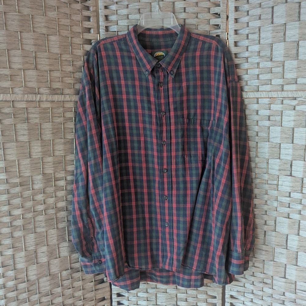 Vtg Cabelas Button Down Flannel Shirt Red Green Plaid‎ Long Sleeve XL Rustic EUC